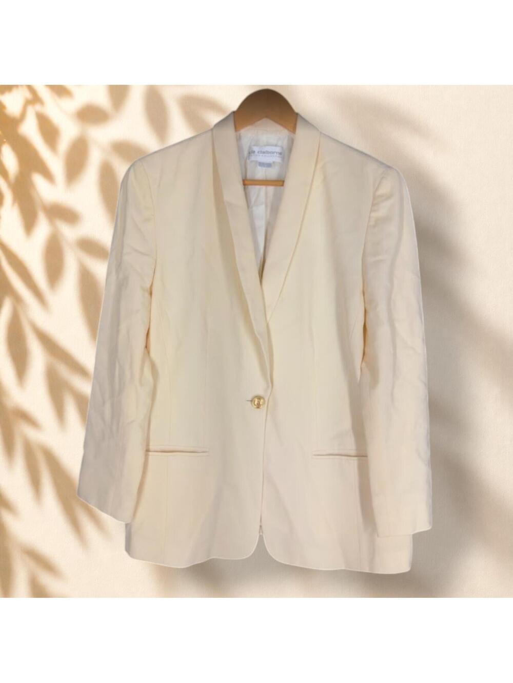 Liz Claiborne Blazer Women 14P Petite Beige Single Button Collared Long Sleeve